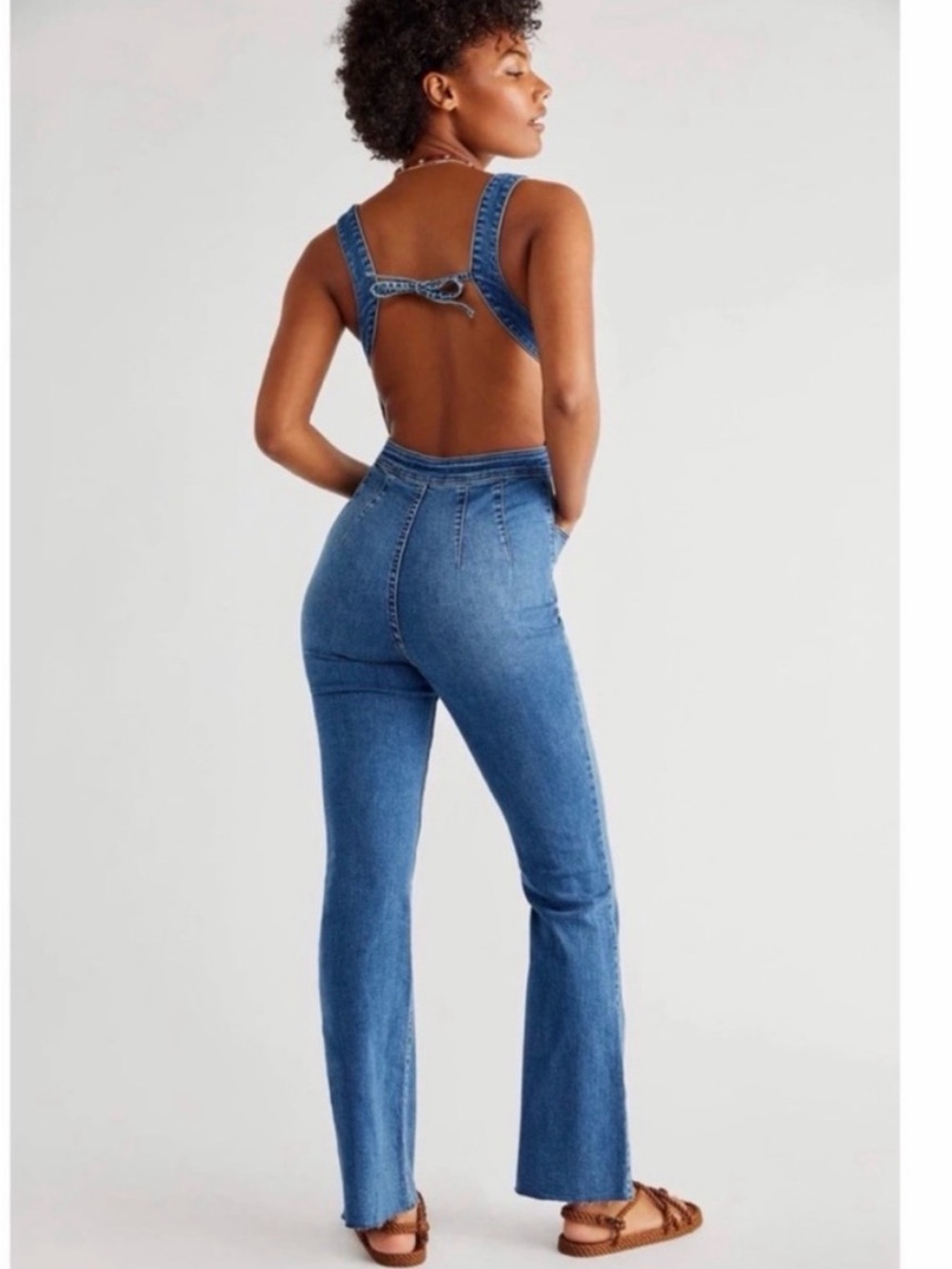 Free People Blue Open-Back Flared Denim Jumpsuit